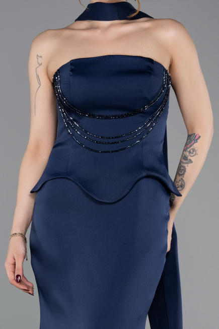 Long Navy Blue Satin Mermaid Evening Gown ABU6086