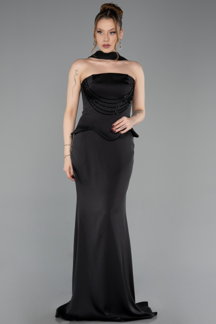 Long Black Satin Mermaid Evening Gown ABU6086