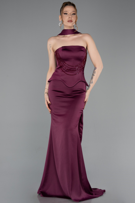 Long Cherry Colored Satin Mermaid Evening Gown ABU6086