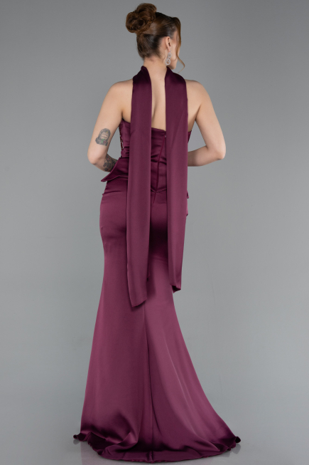 Long Cherry Colored Satin Mermaid Evening Gown ABU6086