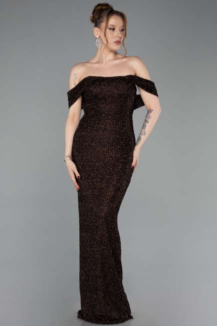 Long Brown Beaded Evening Dress ABU6057