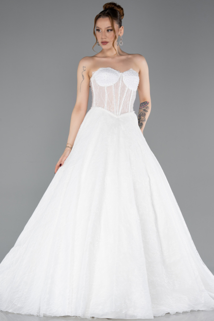White Strapless Neckline Long Sleeve Lace Ball Gown Wedding Dress ABG038