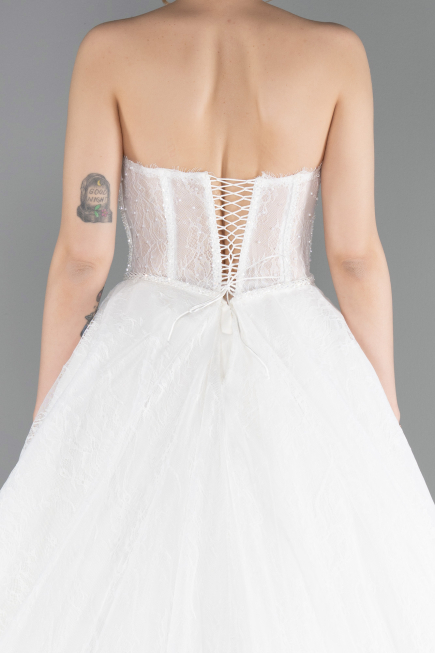 White Strapless Neckline Long Sleeve Lace Ball Gown Wedding Dress ABG038