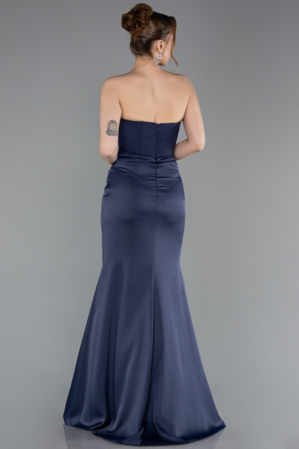 Long Navy Blue Satin Prom Gown ABU6061