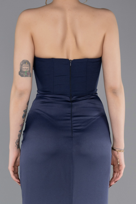 Long Navy Blue Satin Prom Gown ABU6061
