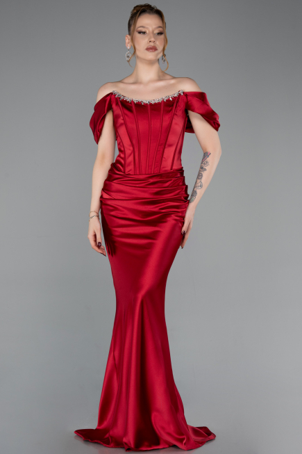 Long Red Satin Mermaid Prom Dress ABU6090
