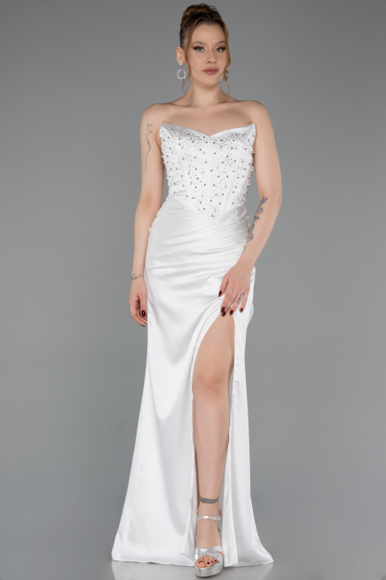Long White Satin Prom Gown ABU6091
