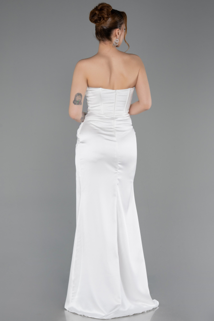 Long White Satin Prom Gown ABU6091
