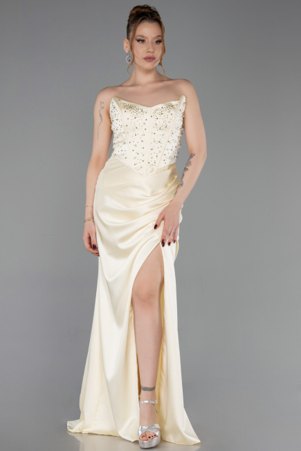Long Yellow Satin Prom Gown ABU6091