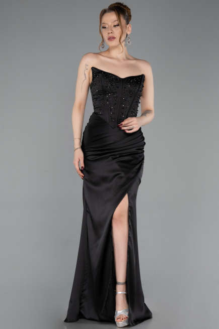 Long Black Satin Prom Gown ABU6091