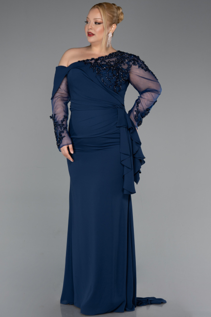 Long Navy Blue Chiffon Formal Plus Size Dress ABU5895