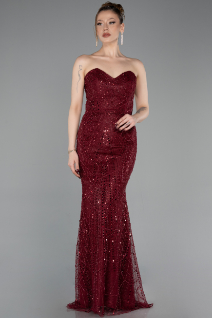 Long Burgundy Beaded Evening Dress ABU6073