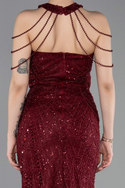 Long Burgundy Beaded Evening Dress ABU6073