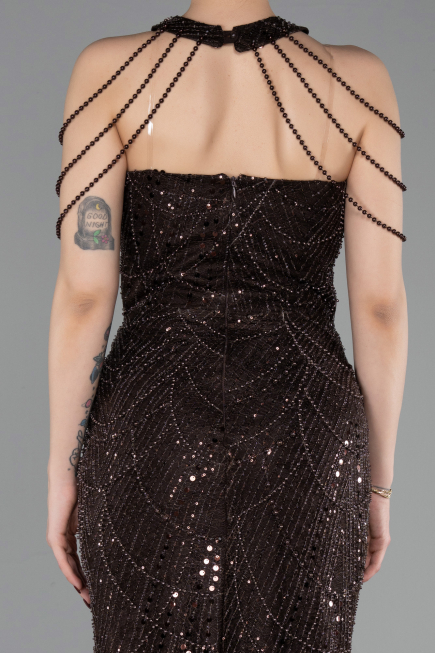 Long Brown Beaded Evening Dress ABU6073