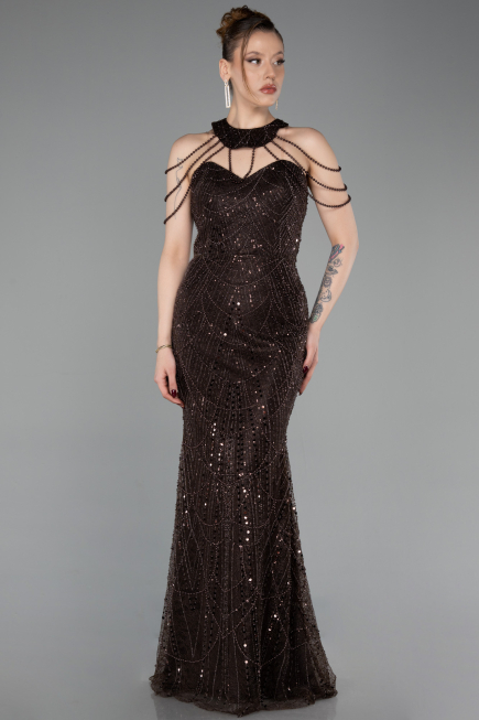 Long Brown Beaded Evening Dress ABU6073
