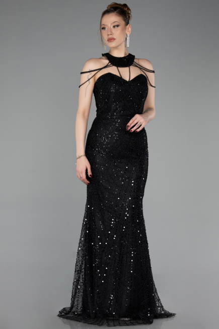 Long Black Beaded Evening Dress ABU6073