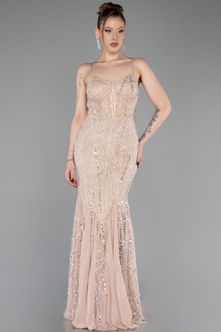 Long Beige Beaded Evening Dress ABU6080