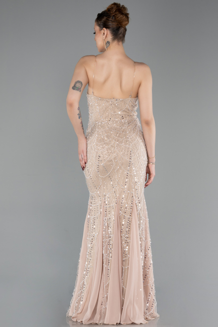Long Beige Beaded Evening Dress ABU6080