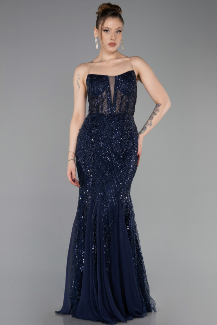 Long Navy Blue Beaded Evening Dress ABU6080