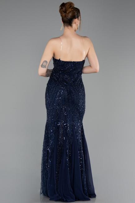 Long Navy Blue Beaded Evening Dress ABU6080