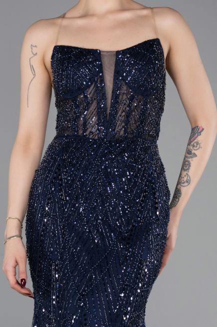 Long Navy Blue Beaded Evening Dress ABU6080