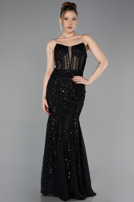 Long Black Beaded Evening Dress ABU6080