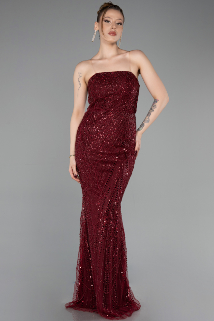 Long Burgundy Beaded Evening Dress ABU6104