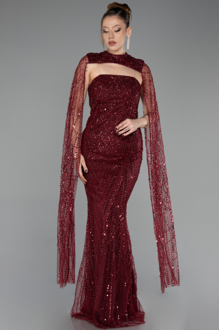 Long Burgundy Beaded Evening Dress ABU6104