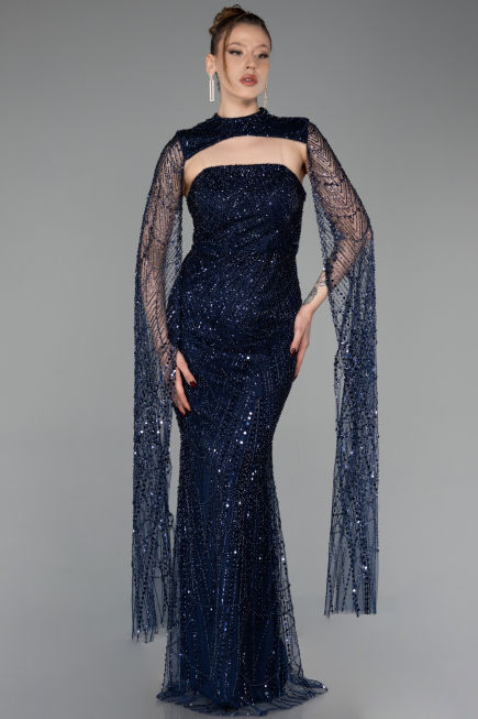 Long Navy Blue Beaded Evening Dress ABU6104