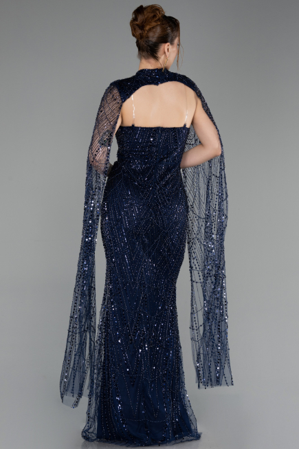 Long Navy Blue Beaded Evening Dress ABU6104
