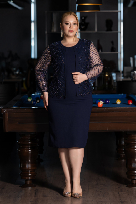 Midi Navy Blue Plus Size Evening Gown ABK2417