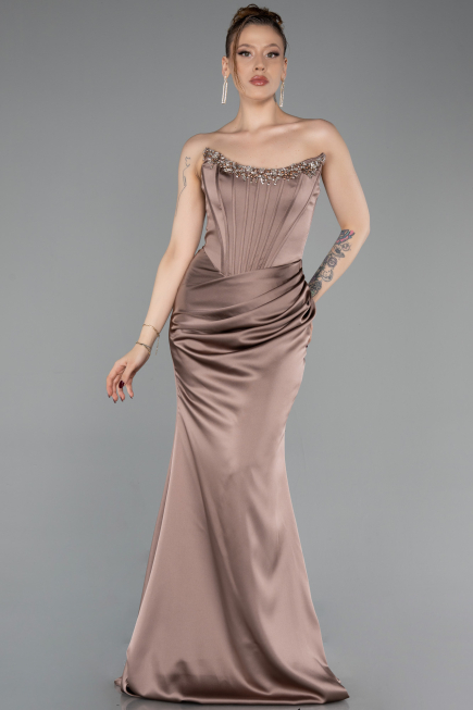 Long Cappuccino Satin Mermaid Evening Gown ABU6109