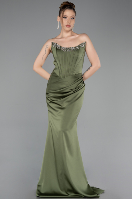 Long Olive Drab Satin Mermaid Evening Gown ABU6109