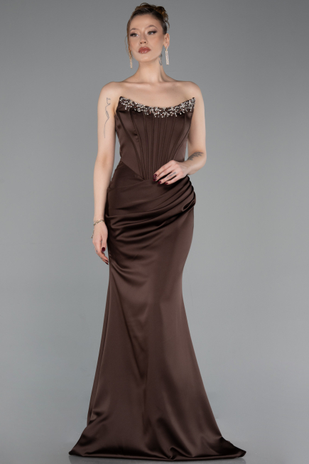 Long Dark Brown Satin Mermaid Evening Gown ABU6109