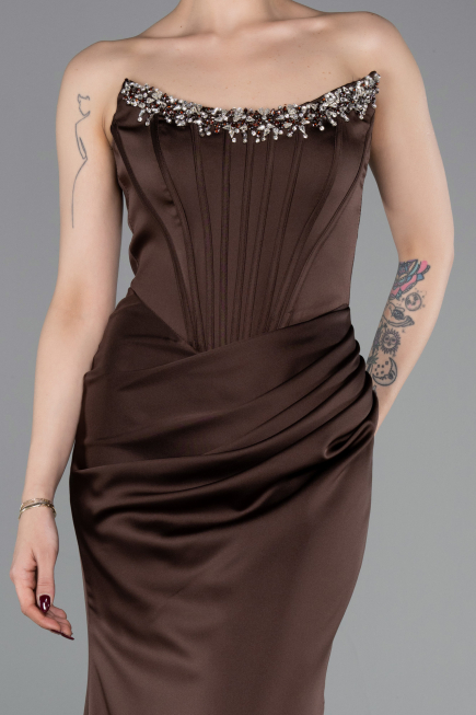 Long Dark Brown Satin Mermaid Evening Gown ABU6109