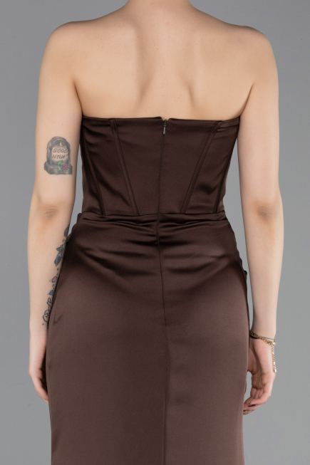Long Dark Brown Satin Mermaid Evening Gown ABU6109