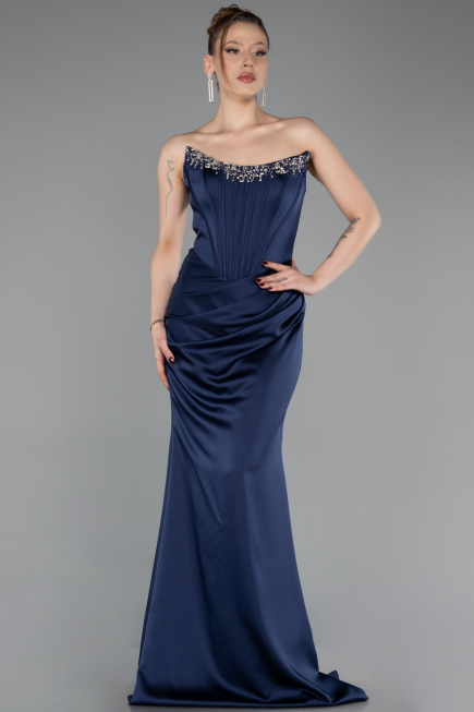 Long Navy Blue Satin Mermaid Evening Gown ABU6109
