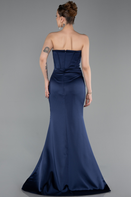Long Navy Blue Satin Mermaid Evening Gown ABU6109
