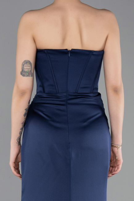 Long Navy Blue Satin Mermaid Evening Gown ABU6109
