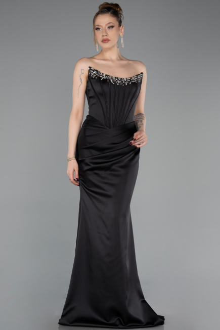 Long Black Satin Mermaid Evening Gown ABU6109