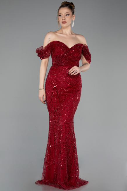 Burgundy Long Beaded Evening Dress ABU5557