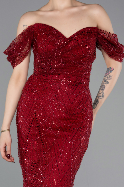 Burgundy Long Beaded Evening Dress ABU5557