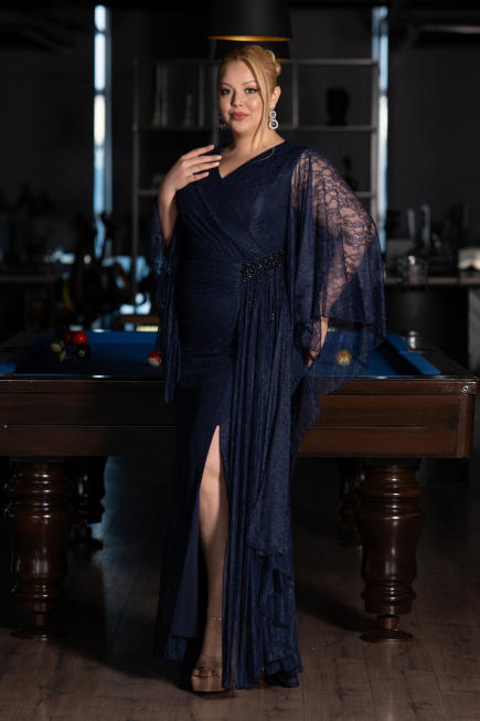 Long Navy Blue Dantelle Plus Size Evening Gown ABU6065