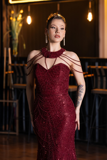 Long Burgundy Beaded Evening Dress ABU6073