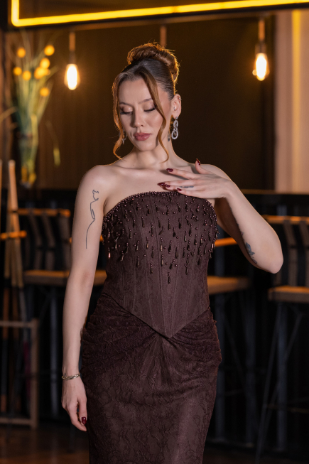 Long Brown Dantelle Evening Dress ABU6089