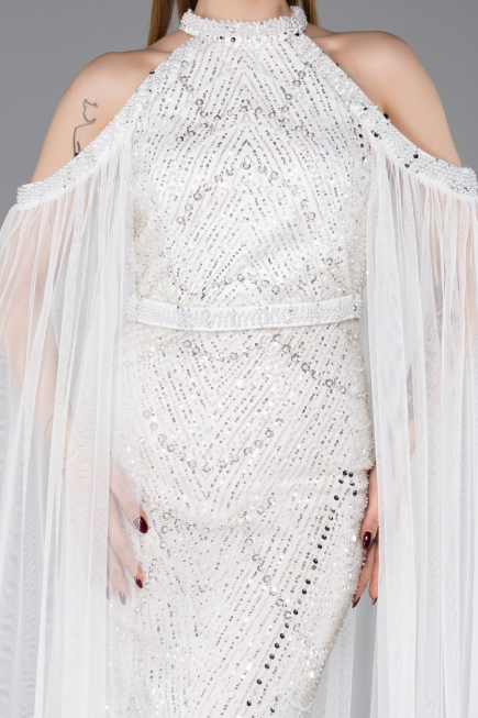 Long White Beaded Evening Dress ABU6117