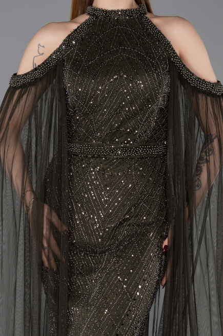 Long Olive Drab Beaded Evening Dress ABU6117