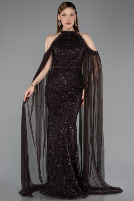 Long Brown Beaded Evening Dress ABU6117
