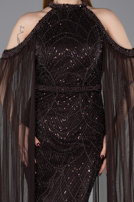 Long Brown Beaded Evening Dress ABU6117