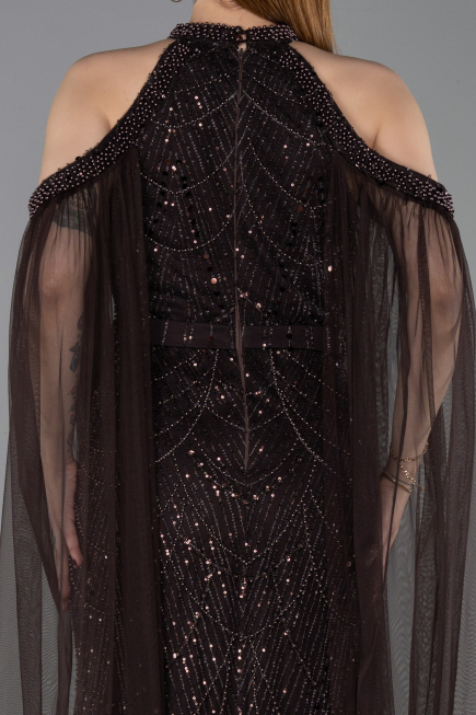 Long Brown Beaded Evening Dress ABU6117